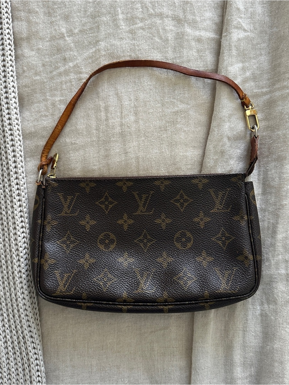 Louis Vuitton Monogram Canvas Shoulder Pochette in Brown with Tan Strap